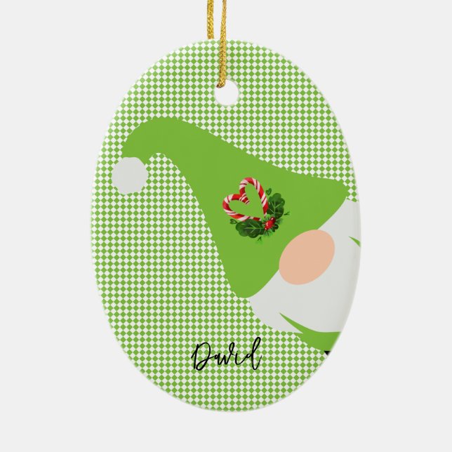 green christmas gnome pattern name chequered fun ceramic tree decoration (Back)