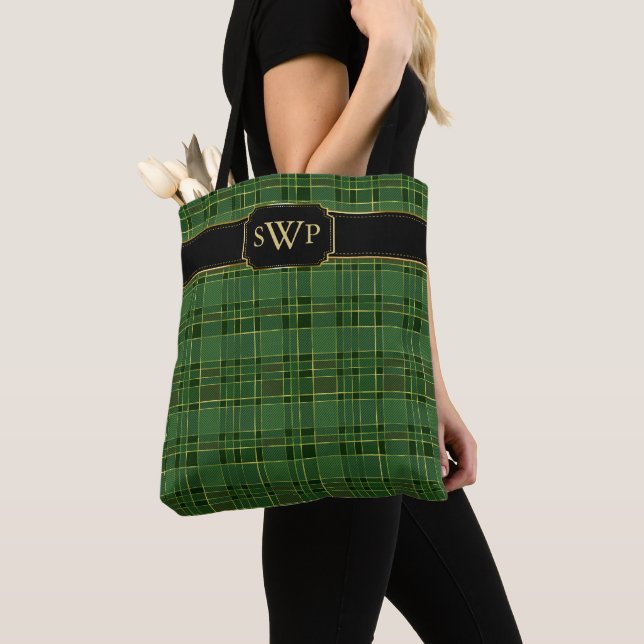 Green Christmas Gold Plaid Monogram Tartan Tote Bag (Close Up)