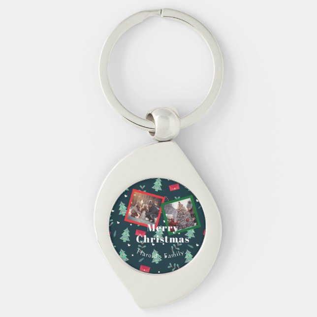 Green Christmas Greenery Monogram Photo  Key Ring (Front)
