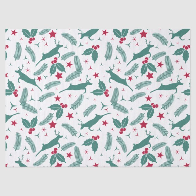 Green Christmas holly & deer pattern Tissue Paper (Front)