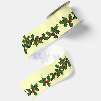 Green Christmas Holly with Red Berries Satin Ribbon