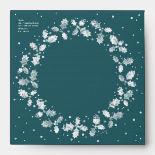 Green Christmas Holly Wreath Return Address Square Envelope