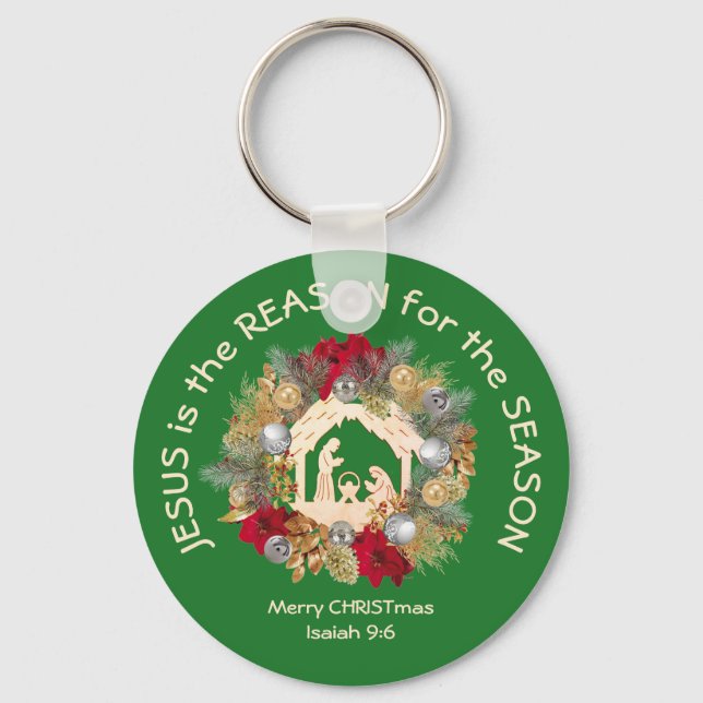  Green Christmas JESUS IS THE REASON Keychain (Front)