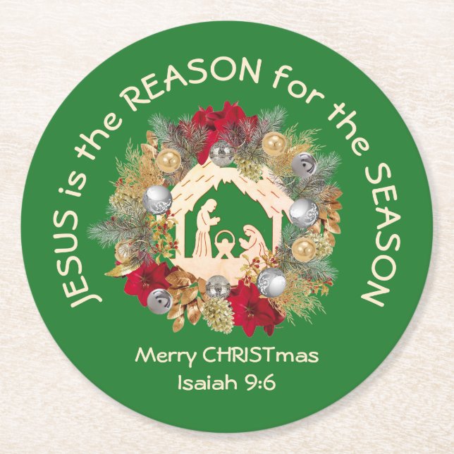 Green Christmas JESUS IS THE REASON Round Paper Coaster (Front)