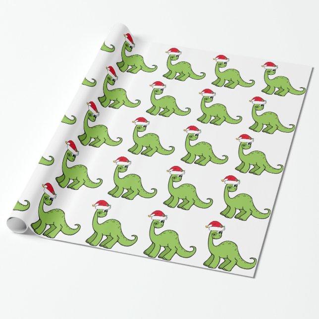 Green Christmas Kids Dinosaur Santa Wrapping Paper (Unrolled)