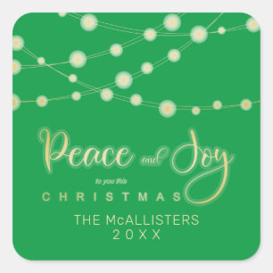 Green Christmas Lights Peace Joy Whimsical Script Square Sticker