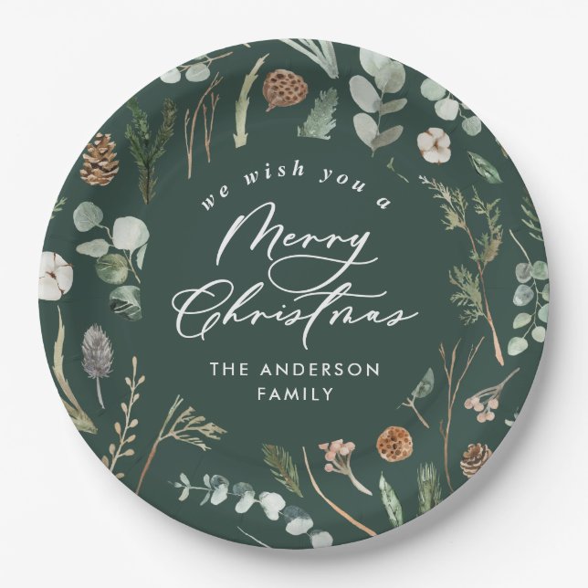 Green Christmas minimal elegant botanical Paper Plate (Front)