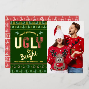 Green Christmas Photo Tacky Ugly Sweater Real Gold Foil Holiday Card