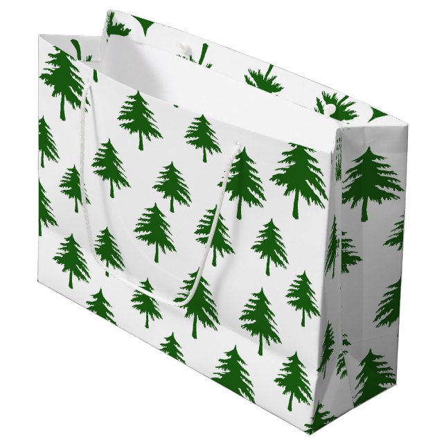 Green Christmas Pine Trees On White Large Gift Bag (Front Angled)