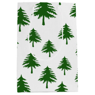 Green Christmas Pine Trees On White Medium Gift Bag