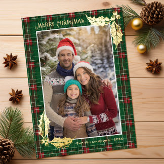 Green Christmas Plaid | Merry Christmas Photocard Foil Holiday Card