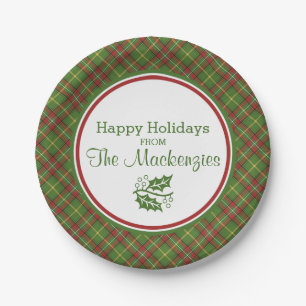Green Christmas Plaid Pattern Personalised Paper Plate