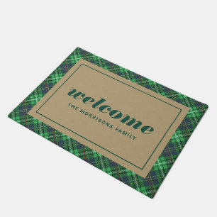 Green Christmas Plaid Personalised Welcome Doormat