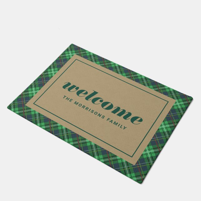 Green Christmas Plaid Personalised Welcome Doormat (Angled)