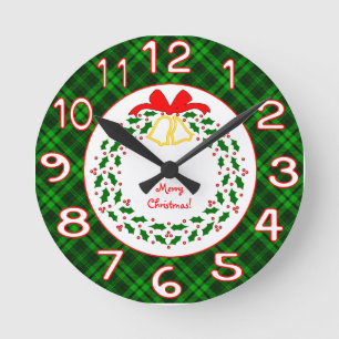 Green Christmas Plaid Wreath Pick Your Color Round Clock