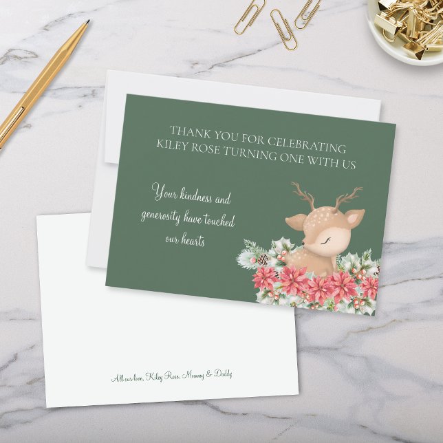 Green Christmas Poinsettia Deer Birthday Party Thank You Card (green personalize thank you cards for christmas birthday party with poinsettia and little deer theme)