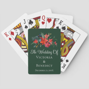 Green Christmas Poinsettia Floral Wedding Favour Playing Cards