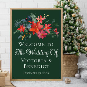 Green Christmas Poinsettia Floral Welcome Wedding Poster