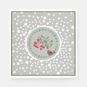 Green Christmas Red Robin Wreath and Snow Napkin