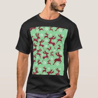 Green Christmas Reindeer Pattern T-Shirt