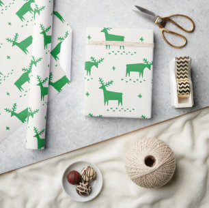 Green Christmas Reindeer   Scandinavian Holiday  Wrapping Paper