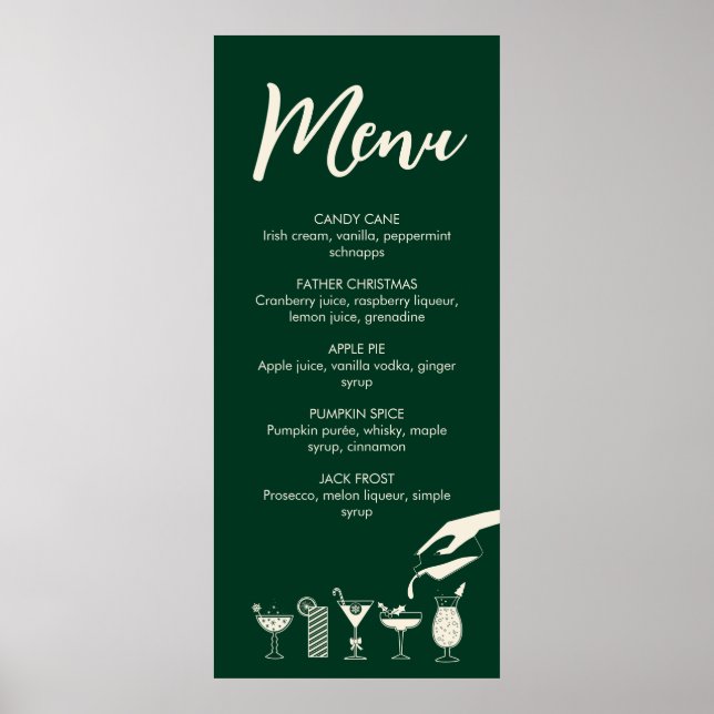 Green Christmas retro modern cocktail menu Poster (Front)