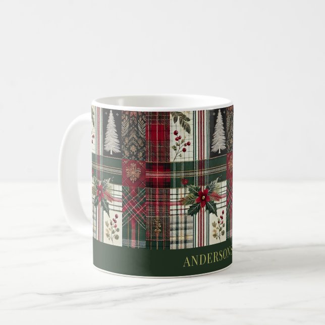 Green Christmas Rustic Plaid Tartan Pattern Coffee Mug (Front Left)