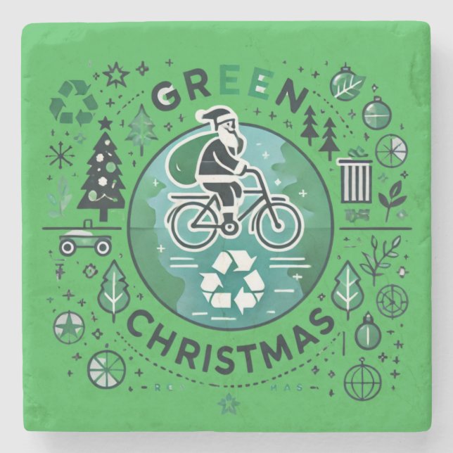 Green Christmas - Santa and Recycling Design Stone Coaster (Front)