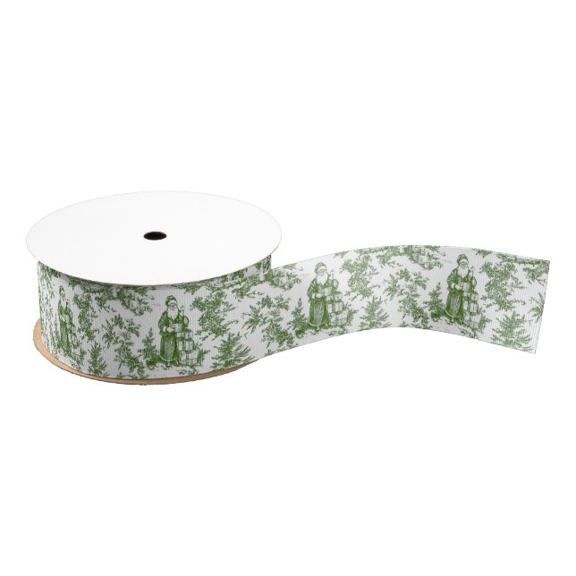 Green Christmas Santa Toile Grosgrain Ribbon (Spool)