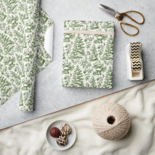 Green Christmas Santa Toile Wrapping Paper