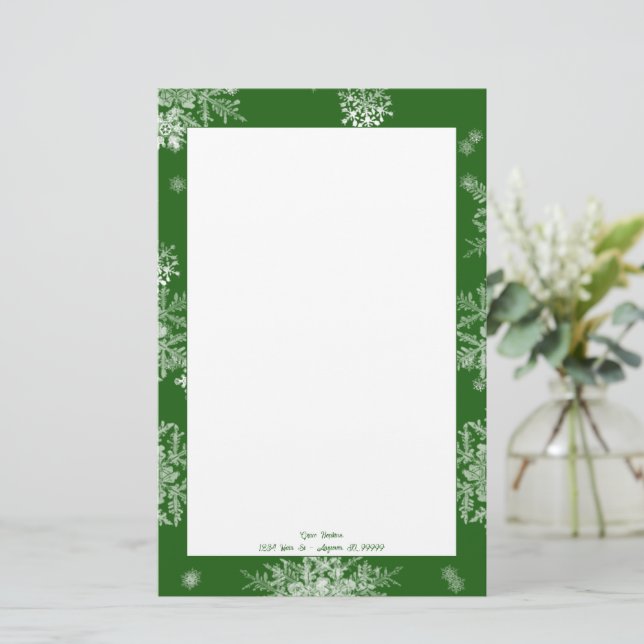 Green Christmas Snowflakes Personalised Stationery (Standing Front)