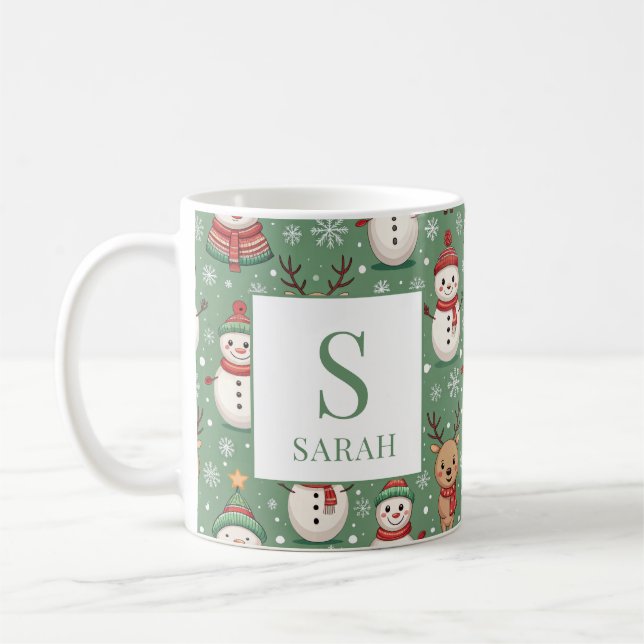 Green Christmas Snowman & Reindeer Monogram Name Coffee Mug (Left)