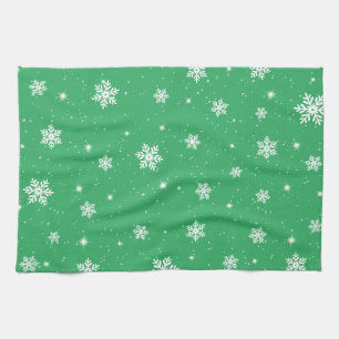 Green Christmas Stars Snowflakes Pattern Tea Towel