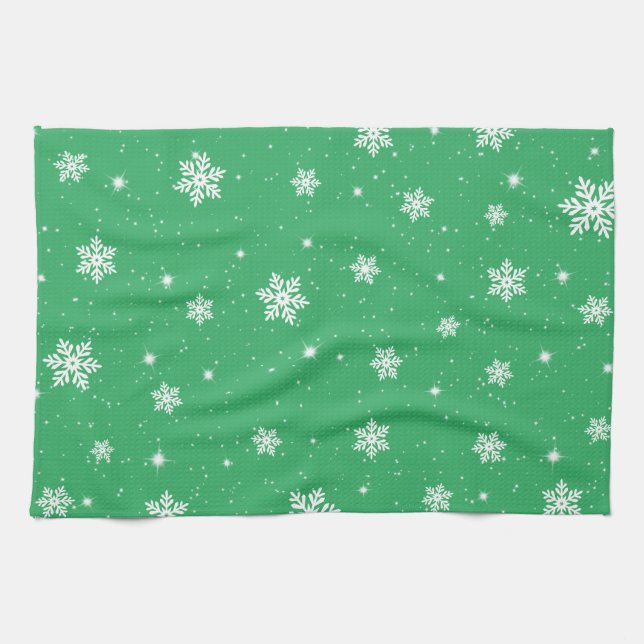 Green Christmas Stars Snowflakes Pattern Tea Towel (Horizontal)