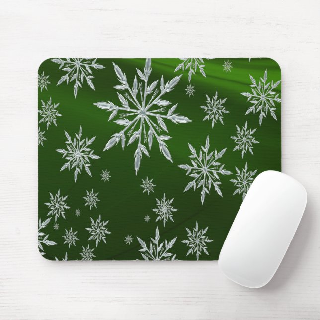Green Christmas stars with white ice crystal Mouse Mat (With Mouse)