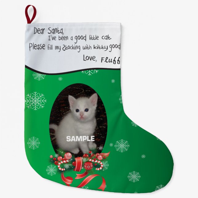 Green Christmas Stocking for Your CAT - Dear Santa (Front)