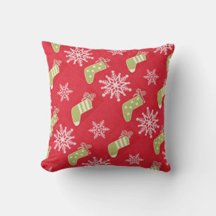Green Christmas Stockings and Snowflakes Red Cushion