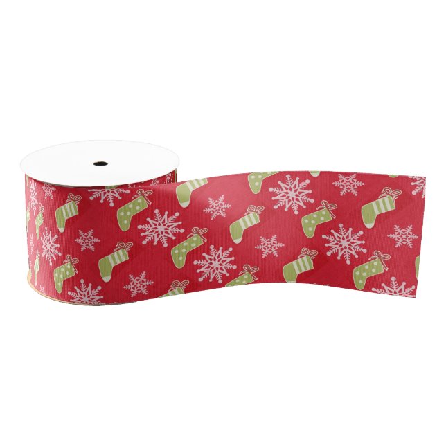 Green Christmas Stockings and Snowflakes Red Grosgrain Ribbon (Spool)