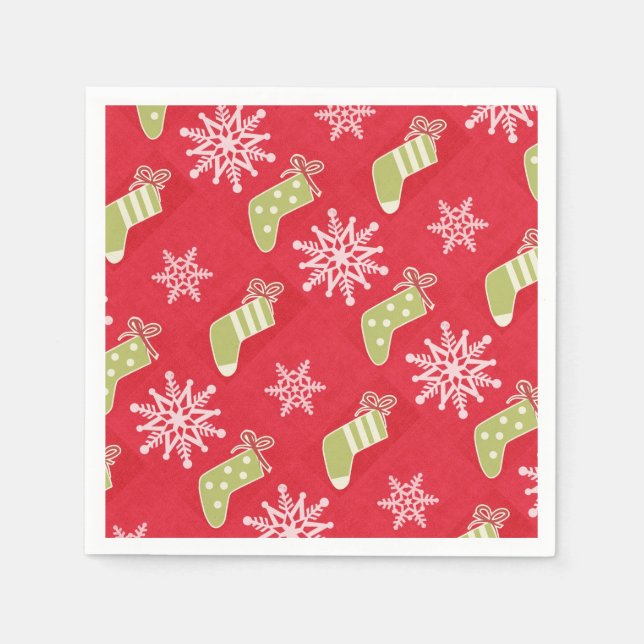 Green Christmas Stockings and Snowflakes Red Napkin (Front)