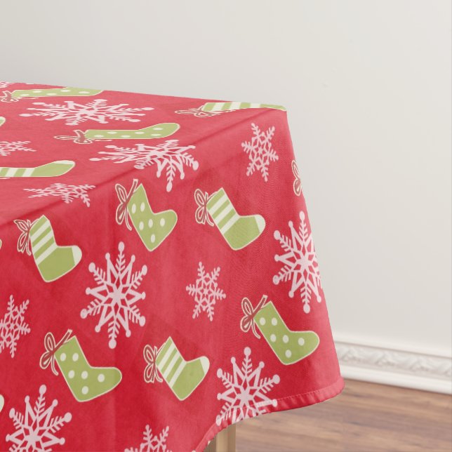Green Christmas Stockings and Snowflakes Red Tablecloth (In Situ)