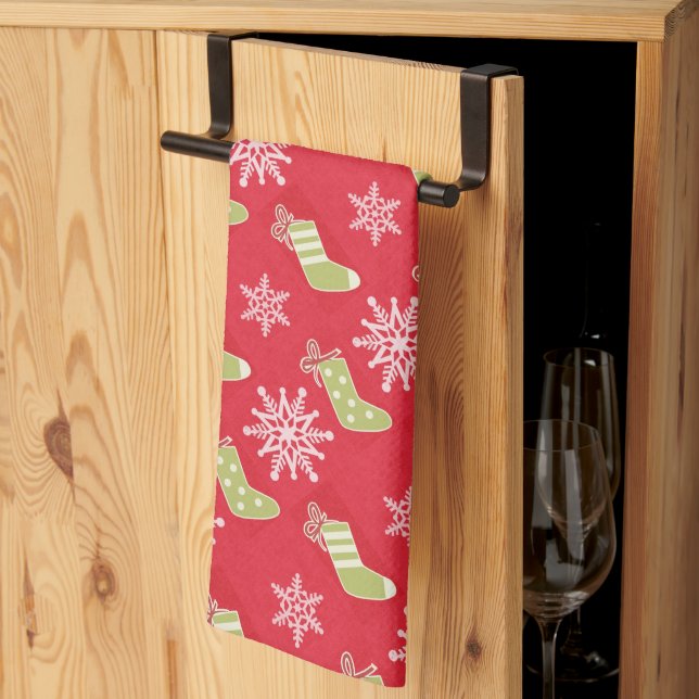 Green Christmas Stockings and Snowflakes Red Tea Towel (Thirds Fold)