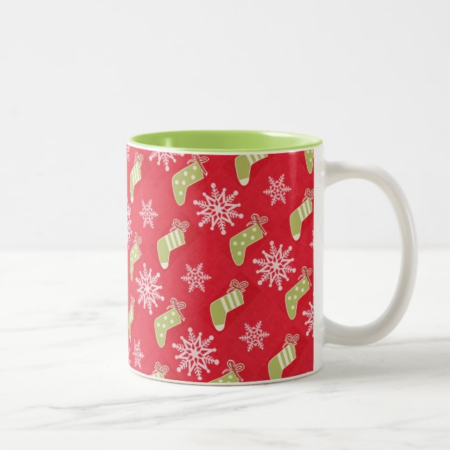 Green Christmas Stockings and Snowflakes Red Two-Tone Coffee Mug (Right)