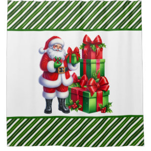 Green Christmas Stripes With Santa  Shower Curtain