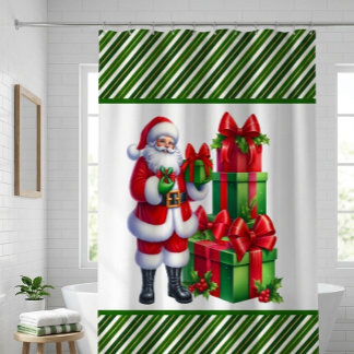 Green Christmas Stripes With Santa  Shower Curtain