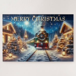 Green Christmas Train in Snowy Village Jigsaw Puzzle