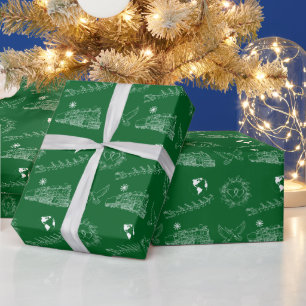 Green Christmas Train, Santa, Doves, Wreath Wrapping Paper