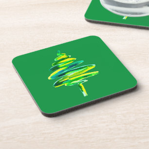 Green Christmas tree abstract watercolor Coaster