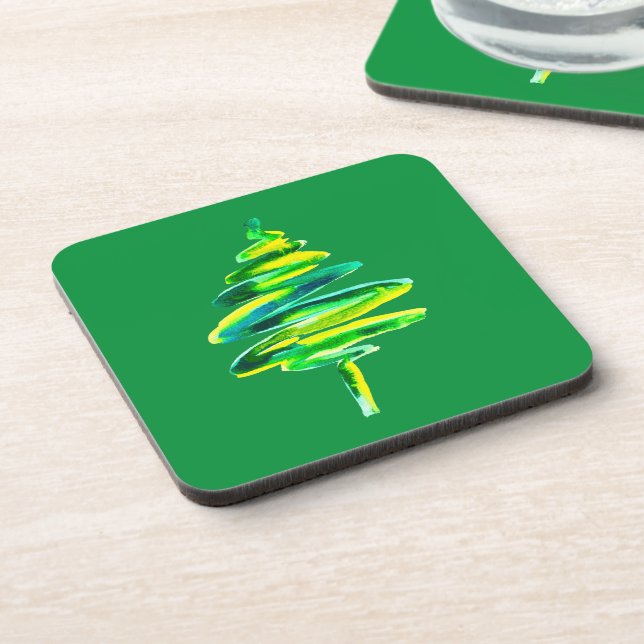 Green Christmas tree abstract watercolor Coaster (Left Side)