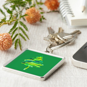 Green Christmas tree abstract watercolor Key Ring
