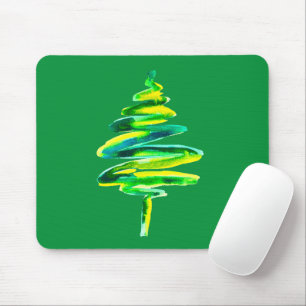 Green Christmas tree abstract watercolor Mouse Mat